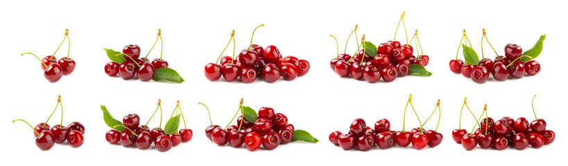 Cherry isolated. Fresh ripe cherries with leaves isolated on a white background.Sweet cherries pile. Berries and fruits. Vegan. Healthy eating.