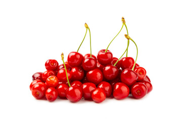Cherry isolated. Fresh ripe cherries with leaves isolated on a white background.Sweet cherries pile. Berries and fruits. Vegan. Healthy eating.
