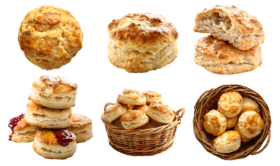 Scone biscuit bread bun on transparent cutout, PNG file. Many assorted different angles, stack, basket, broken, pile. Mockup template for artwork