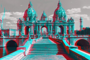 A digitally altered photo of a historical European building with a 3D anaglyph effect