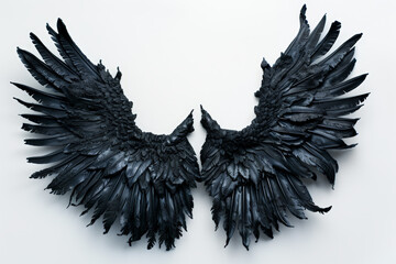 Obraz premium Two black metallic angel wings representing freedom and spirituality standing out on a white background