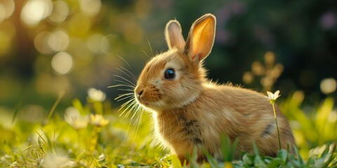 Fototapeta premium A close-up of an adorable brown rabbit sitting amongst green grass, illuminated by soft sunlight
