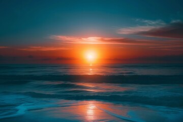 Fototapeta premium A majestic beach sunset with the sun setting over the horizon and its light reflecting on the wet sand