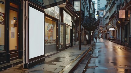 Fototapeta premium Vertical billboard at a bus stop on a quiet commercial street, storefronts shut.