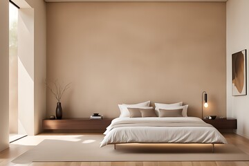 Minimalist interior design of modern bedroom with beige stucco wall.	