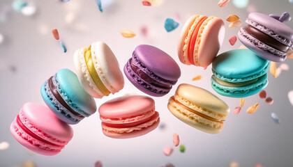 Obraz premium Close up of several macaroons flying in the air on pastel light plain background