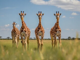 Obraz premium Giraffes walking in a row in grassy field below sunlight