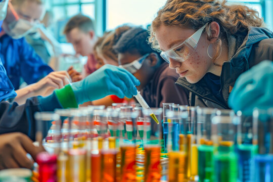 Students conducting chemistry experiments with colorful test tubes in a school lab