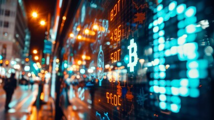 Fototapeta premium Abstract image of stock market data reflected on glass window.