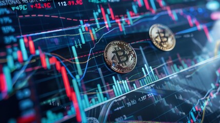 Abstract image of stock market graph with two Bitcoins in foreground.