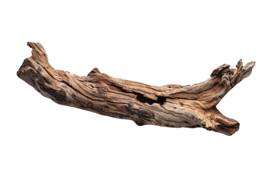 A detailed view of an isolated piece of driftwood, showing its natural texture and organic shape, perfect for nature-themed projects or backgrounds.