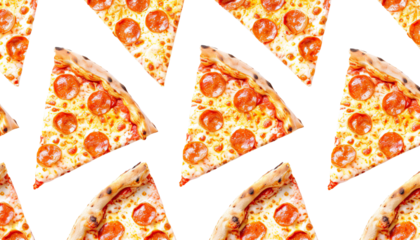 Pattern of pepperoni pizza slices on a black background. Delicious food concept perfect for menus, food blogs, and culinary designs.
