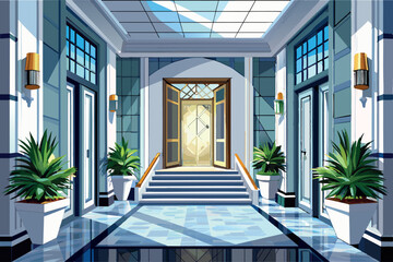 Fototapeta premium An interior corridor in a modern building. The walls are decorated with wood paneling and artwork. There are several doors on both sides of the corridor.