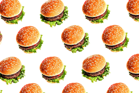 Seamless pattern of delicious cheeseburgers with sesame seed buns, fresh lettuce, and juicy beef patty on a black background.