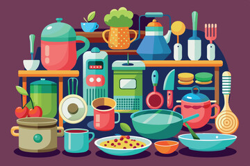 a set of kitchen utensils and cookware. namely a chef's knife, whisk, spatula, pots with lids, frying pan, ladle. This set represents the tools that are commonly used in cooking.