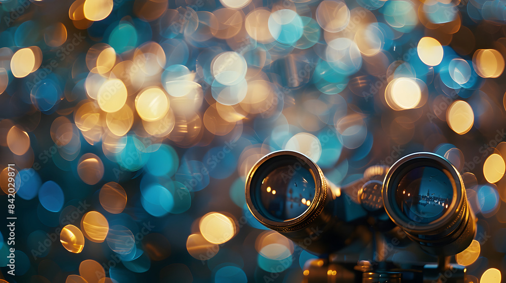 Poster a pair of binoculars set against a dazzling big bokeh. shallow depth of field. spectacular lighting.