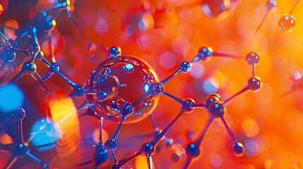 Polymer Structure With Orange Background, Red and blue molecular structure in laboratory research,  Water Molecules, Molecule abstract model, crystal lattice