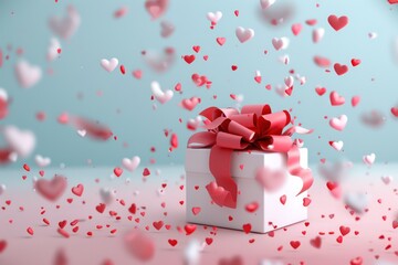 White Gift Box With Red Ribbon Surrounded By Falling Hearts