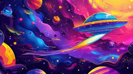 Vibrant and whimsical cartoon illustration featuring a cosmic alien UFO spaceship in a colorful galactic scene perfect for kids
