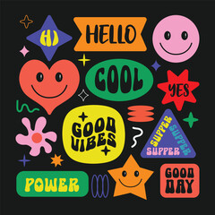 Trendy colorful sticker vector illustration in retro and groovy style. Cool Y2k Stickers collection. Hello, hi, good vibes, super, power chat patch, label, badge for print. Abstract shapes and element