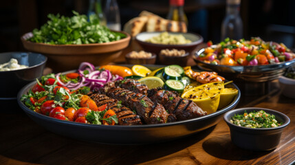 Fototapeta premium Grilled meats, fresh salads, and colorful vegetables