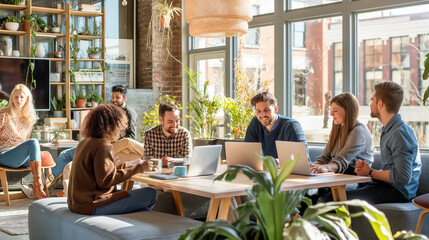 A group of people are sitting around a table in a room with plants. They are all working on laptops and seem to be having a good time