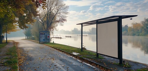Riverside drive bus stop billboard, vertical and serene with morning rowers.