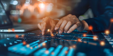 Interest rate and dividend concept, Businessman touching analyzing the economic growth graph for investment growth. business financial investment, business growth, income, marketing, and profit design