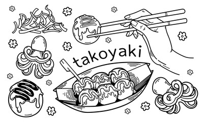 Takoyaki doodle set. Japan street food hand drawn icon. Unagi, octopus, hand with chopsticks hashi.