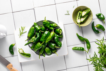 Fresh green Spanish Pimientos de Padron pepper, top view