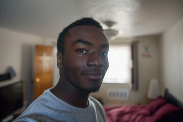 Realistic phone selfie made by a young african american man at home without filters