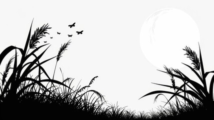 Black vector illustration of rice fields with dragonflies