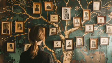 Family tree concept, dna, genes, ancestors. A woman hangs old photographs of her family on the wall. AI generated