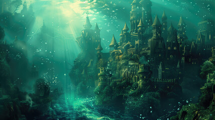 Fototapeta premium Fantasy underwater seascape with lost city. Generative AI