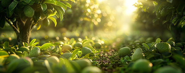 Long shot, photorealistic image, a vibrant avocado garden, each tree laden with ripe avocados, brilliant morning sunlight filtering through leaves, high resolution, lush greenery and earthy tones.