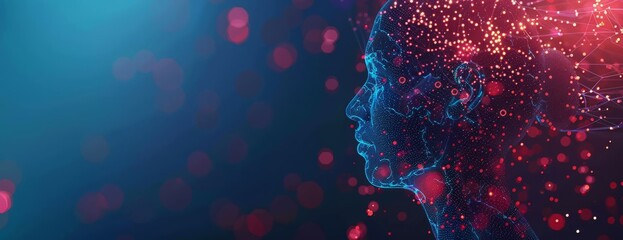 In a futuristic digital illustration, a human head is intricately connected with data particles and neural pathways, symbolizing technology, AI, innovation, and hightech concepts