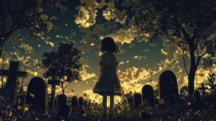 Naklejka premium A young girl in a dress stands in a graveyard at sunset, looking up at the sky.