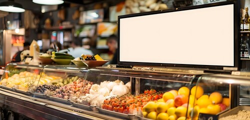 Advertising space on a gourmet market in a food-lovers' paradise, featuring a narrow horizontal blank billboard.
