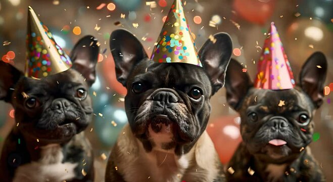Three French bulldogs in party hats enjoying a fun birthday bash. Group of playful French bulldogs celebrating with colorful confetti. French bulldogs with hats at a festive birthday celebration