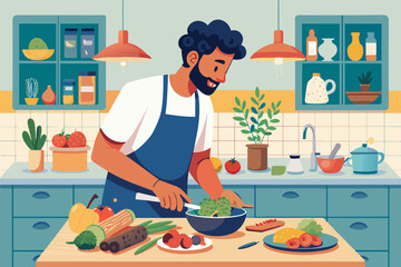 Instead of relying on protein bars and shakes the man makes his own nutritious meals at home incorporating lean proteins and complex carbohydrates.. Vector illustration 