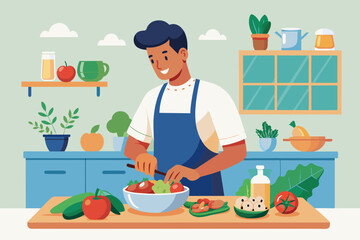 Instead of relying on protein bars and shakes the man makes his own nutritious meals at home incorporating lean proteins and complex carbohydrates.. Vector illustration 