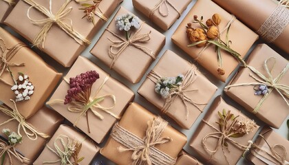 Gift boxes wrapped in recyclable materials, decorated with natural twine, dried flowers