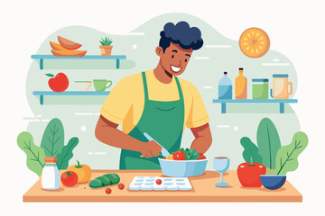 Instead of relying on protein bars and shakes the man makes his own nutritious meals at home incorporating lean proteins and complex carbohydrates.. Vector illustration 