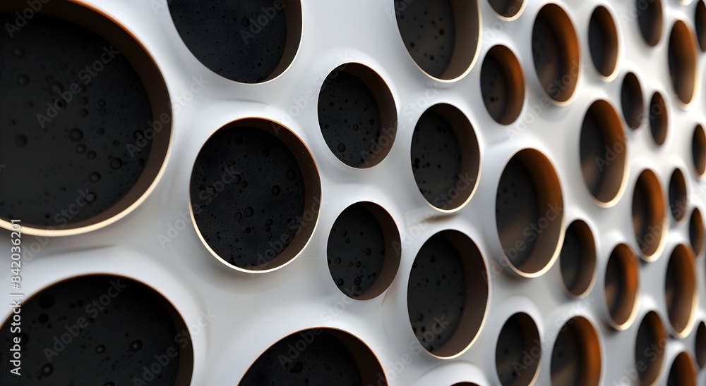 Poster a closeup of an abstract pattern with circles and dots, resembling the surface texture of metallic m