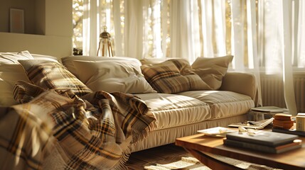 Obraz premium Modern Home space neutral colors minimalist interior, Wooden frame mockup, Living Room 3d rendering