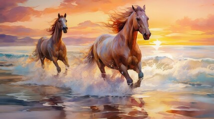 Fototapeta premium Two majestic horses running in shallow ocean water against a vibrant sunset, showcasing freedom, beauty, and the scenic coastal landscape.