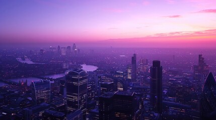 Purple sky over modern city skyline at sunset. High-rise buildings stand tall, bathed in soft pink and purple hues of a calming evening.
