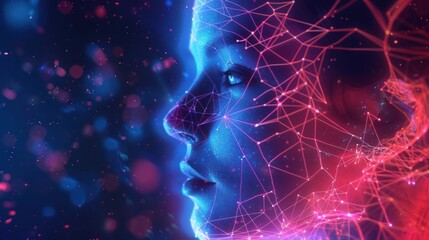 Digital Human Face with Futuristic Neon Network, Abstract AI Technology, Glowing Nodes and Connections