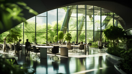 Green, sustainable and environmental office space with daily employee rush. Modern and nature friendly startup business with ESG standards and care for worker wellness and healthy environment.
