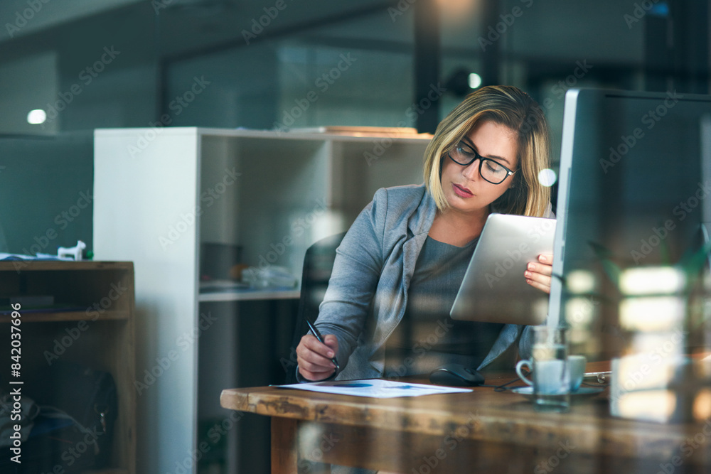 Poster woman, office and tablet with writing on paper for notes or deadline as web designer in digital agen